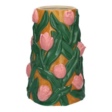 Blumenvase LIMEA aus Dolomit, 3D Tulpen, gelb-rosa-grün, 23,5cm, Ø16,5cm