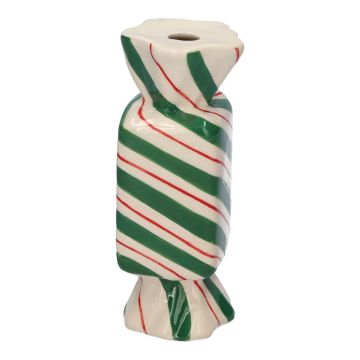 Eckige Stielblumenvase Bonbon AMIEL aus Keramik, mit schrägen Linien, grün-rot-weiß, 4,5x4,5x11,5cm Eckige Stielblumenvase Bonbon AMIEL aus Keramik, mit schrägen Linien, grün-rot-weiß, 4,5x4,5x11,5cm