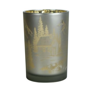 Teelichtglas EDELTRAUD mit Chalet Motiv, silber-matt-gold-glänzend, 18cm, Ø12cm Teelichtglas EDELTRAUD mit Chalet Motiv, silber-matt-gold-glänzend, 18cm, Ø12cm