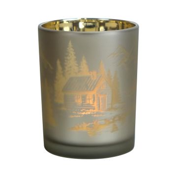 Teelichtglas EDELTRAUD mit Chalet Motiv, silber-matt-gold-glänzend, 12,5cm, Ø10cm Teelichtglas EDELTRAUD mit Chalet Motiv, silber-matt-gold-glänzend, 12,5cm, Ø10cm