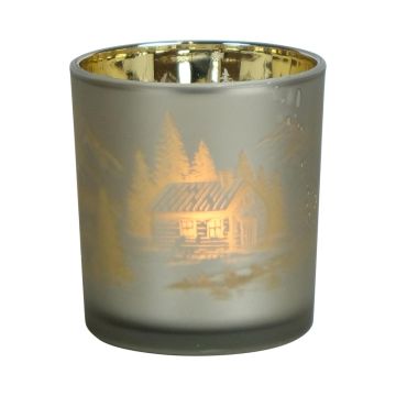 Teelichtglas EDELTRAUD mit Chalet Motiv, silber-matt-gold-glänzend, 8cm, Ø7,5cm Teelichtglas EDELTRAUD mit Chalet Motiv, silber-matt-gold-glänzend, 8cm, Ø7,5cm