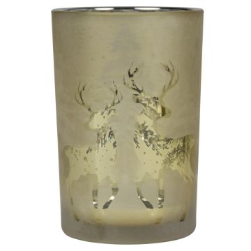 Teelichtglas GENEVIEVE mit Hirsch Motiv, gold-matt-silber-glänzend, 18cm, Ø12cm Teelichtglas GENEVIEVE mit Hirsch Motiv, gold-matt-silber-glänzend, 18cm, Ø12cm