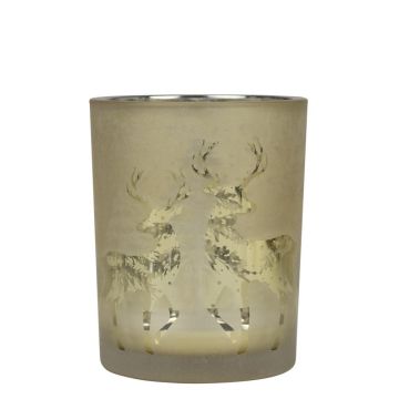 Teelichtglas GENEVIEVE mit Hirsch Motiv, gold-matt-silber-glänzend, 12,5cm, Ø10cm