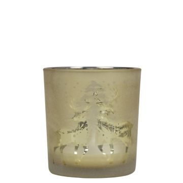 Teelichtglas GENEVIEVE mit Hirsch Motiv, gold-matt-silber-glänzend, 8cm, Ø7,5cm