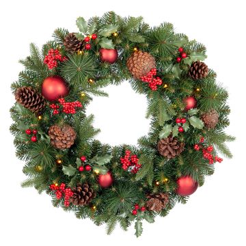 Künstlicher Winterkranz VISALIA, Ilex, Beeren, Zapfen, Kugeln, LEDs, grün-rot, Ø60cm Künstlicher Winterkranz VISALIA, Ilex, Beeren, Zapfen, Kugeln, LEDs, grün-rot, Ø60cm