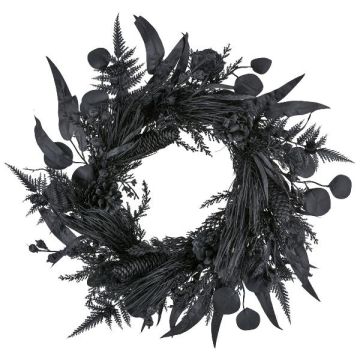 Künstlicher Kranz Eukalyptus, Farn WELTO, Kiefer, Zapfen, schwarz, Ø60cm