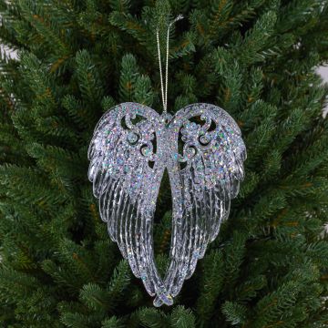 Acryl Anhänger Engelsflügel FASITA, Glitzer, transparent-silber, 15cm
