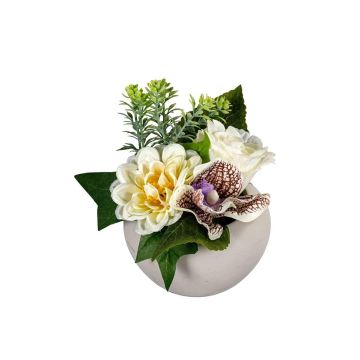 Kunstblumen Gesteck Rose Dahlie Orchidee POPPINA im Dekotopf, violett-weiß, 14cm, Ø14cm