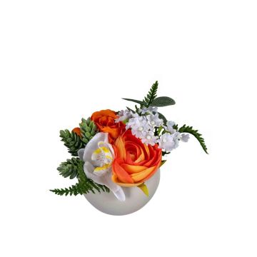 Kunstblumen Gesteck Rose Kamelie Orchidee Hopfen HAZELYN im Dekotopf, orange-weiß, 15cm, Ø16cm