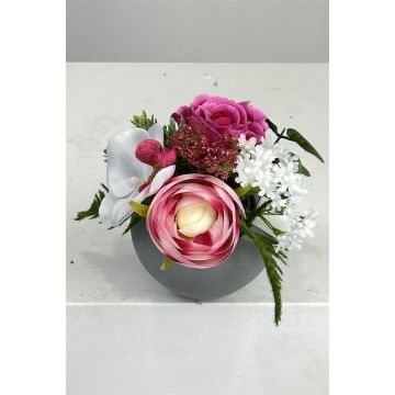 Kunstblumen Gesteck Rose Kamelie Orchidee Hopfen HAZELYN im Dekotopf, rosa-weiß, 15cm, Ø16cm