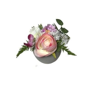 Kunstblumen Gesteck Rose Kamelie Orchidee Hopfen HAZELYN im Dekotopf, rosa-lila-weiß, 15cm, Ø16cm