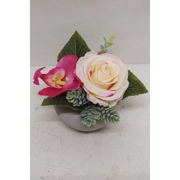 Kunstblumen Gesteck Rose Orchidee Hopfen SADIRA im Dekotopf, pink-weiß, 13cm, Ø15cm