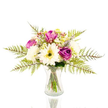 Kunst Gerbera Strauß MALIA Rose, Nelke, weiß-lila, 40cm, Ø30cm