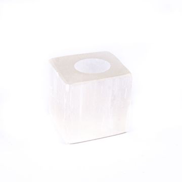 Eckiger Teelichthalter MIMIRET aus Selenit, weiß-transparent, 8x8x8cm Eckiger Teelichthalter MIMIRET aus Selenit, weiß-transparent, 8x8x8cm