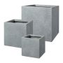 Eckiger Blumenkübel KIRIMA, 3 Stück, Fiberglas, grau, 40x40x40cm, 30x30x30cm, 24x24x24cm