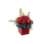 Künstliches Gesteck Rose, Kiefer, Ilex HALANA mit Kugeln, Dekoglas, rot-gold, 13cm, Ø19cm