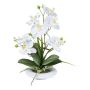 Kunstblumen Gesteck Orchidee Phalaenopsis HIKABU mit Korkenzieherweide, Keramiktopf, Wurzeln, weiß, 40cm