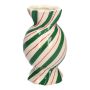 Bauchige Stielblumenvase Bonbon AMIEL aus Keramik, mit schrägen Linien, grün-weiß-rot, 15cm, Ø8,5cm