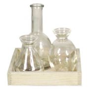 Holztablett mit Glasflaschen KAYRA, 3 Stück, klar, 17x17x16cm