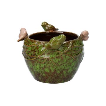 Runder Pflanztopf SARINO aus Keramik, mit 3D Vögeln, grün-braun-beige, 10,5cm, Ø14cm