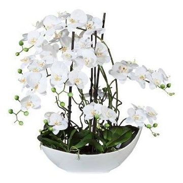 Kunst Orchidee Korkenzieherweide Gesteck TANIN, Keramikschale, Wurzeln, weiß, 70cm