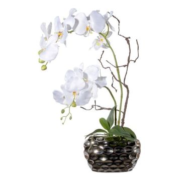 Kunstblumengesteck Orchidee Korkenzieherweide TICHIO, Dekovase, Wurzeln, weiß, 55cm