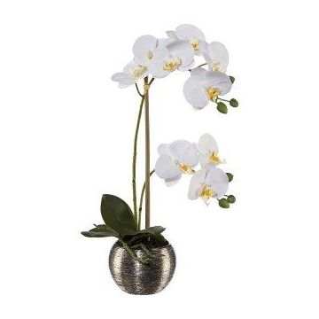 Künstliche Blume Phalaenopsis Orchidee ZARFU, Dekotopf silber, Wurzeln, weiß, 40cm
