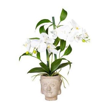Künstliches Gesteck Orchidee Bambus MARAKI im Zementtopf Buddha, Wurzeln, weiß, 60cm
