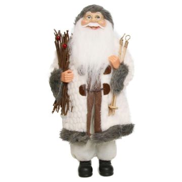 Deko Weihnachtsmann Figur JARICK, Reisigbündel, Skistöcke, weiß-grau, 22x14x45cm