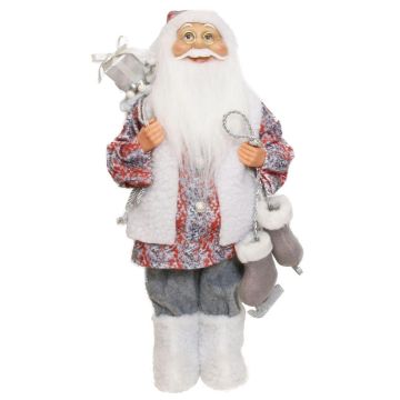 Deko Santa Claus Figur ABENZIO, Schlittschuhe, Geschenkesack, weiß-grau-rot, 22x14x45cm
