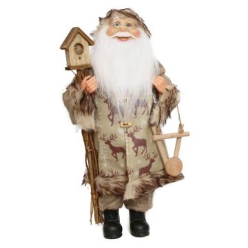 Deko Santa Claus Figur BALDUIN, Reisigbündel, Vogelhaus, Holzhänger, beige-grün, 25x14x45cm