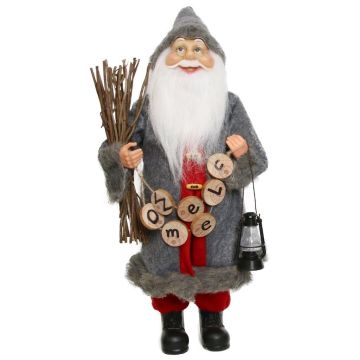 Deko Weihnachtsmann Figur ULRICH, Reisigbündel, Laterne, Willkommenskette, grau-rot, 22x14x45cm