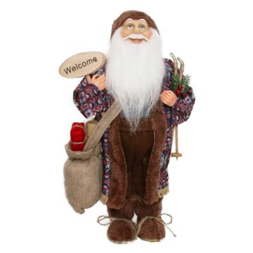Deko Weihnachtsmann Figur BENTJE, Geschenkesack, Skistöcke, braun-rot, 23x14x45cm