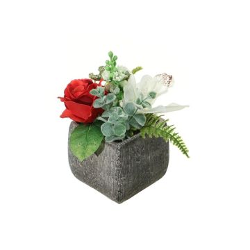 Blumengesteck Künstlich Cymbidium Orchidee, Rose, Phlox KOVU, Dekotopf, rot-weiß, 20cm, Ø18cm