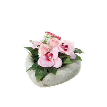 Kunstblumen Gesteck Phalaenopsis Orchidee, Rose DEON, Dekotopf, rosa-pink, 11cm, Ø18cm