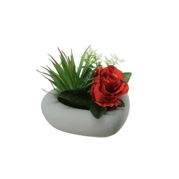 Kunstblumengesteck Rose, Agave BEVIS, Dekotopf, rot-weiß, 14cm, Ø18cm