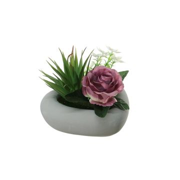 Kunstblumengesteck Rose, Agave BEVIS, Dekotopf, altviolett-weiß, 14cm, Ø18cm