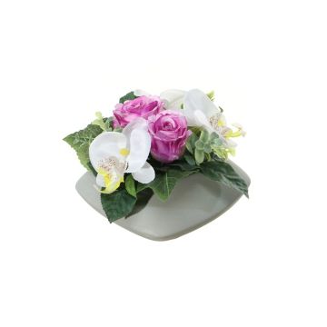 Blumengesteck Künstlich Phalaenopsis Orchidee, Rose DITTE, Dekotopf, lila-weiß, 12cm, Ø21cm