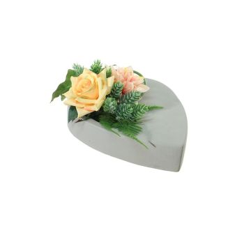 Künstliches Blumengesteck Rose, Dahlie, Hopfen DYVEKE, Dekotopf, gelb-lachs, 12cm, Ø25cm