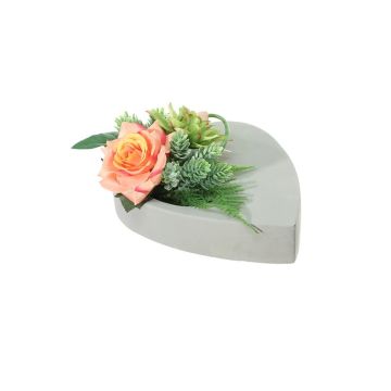 Künstliches Blumengesteck Rose, Dahlie, Hopfen DYVEKE, Dekotopf, orange-lachs-grün, 12cm, Ø25cm