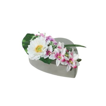 Kunstblumen Gesteck Gerbera, Orchidee, Rose, Lilie ERENE, Dekotopf, weiß-lila-pink, 12cm, Ø25cm