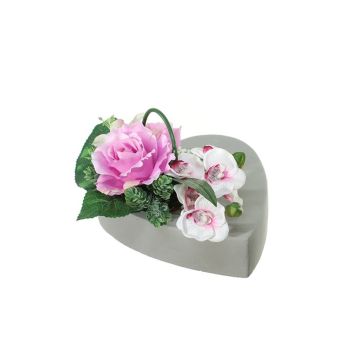 Kunstblumengesteck Rose, Orchidee, Lilie, Hopfen JELVA, Dekotopf, lila-pink-weiß, 13cm, Ø25cm