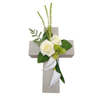 Blumengesteck Künstlich Rose, Calla, Hopfen LONNE, Pflanzkreuz, weiß-grün, 35x18x10cm