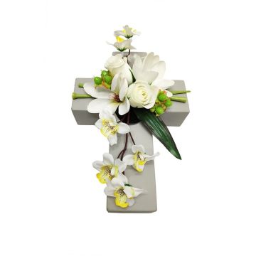Kunstblumen Gesteck Magnolie, Orchidee, Rose OVANA, Pflanzkreuz, weiß, 28x18x10cm