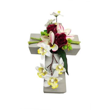 Kunstblumen Gesteck Magnolie, Orchidee, Rose OVANA, Pflanzkreuz, weiß-pink, 28x18x10cm