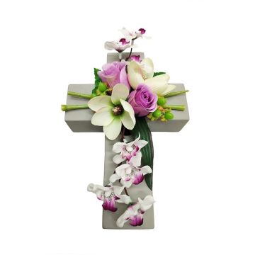 Kunstblumen Gesteck Magnolie, Orchidee, Rose OVANA, Pflanzkreuz, weiß-lila-creme, 28x18x10cm