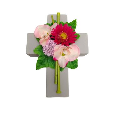 Künstliches Blumengesteck Gerbera, Orchidee, Allium ANSGAR, Pflanzkreuz, rosa-pink, 20x15x9cm