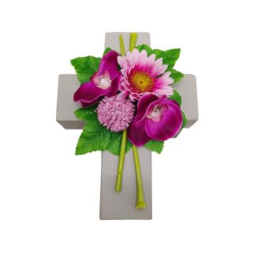 Künstliches Blumengesteck Gerbera, Orchidee, Allium ANSGAR, Pflanzkreuz, pink-rosa, 20x15x9cm