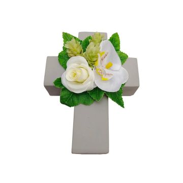 Blumengesteck Künstlich Rose, Orchidee, Hopfen ARIADNA, Pflanzkreuz, weiß, 20x15x9cm