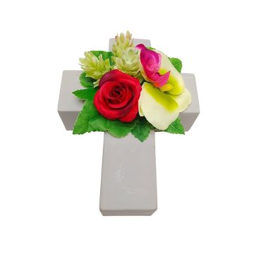 Blumengesteck Künstlich Rose, Orchidee, Hopfen ARIADNA, Pflanzkreuz, rot-grün-pink, 20x15x9cm